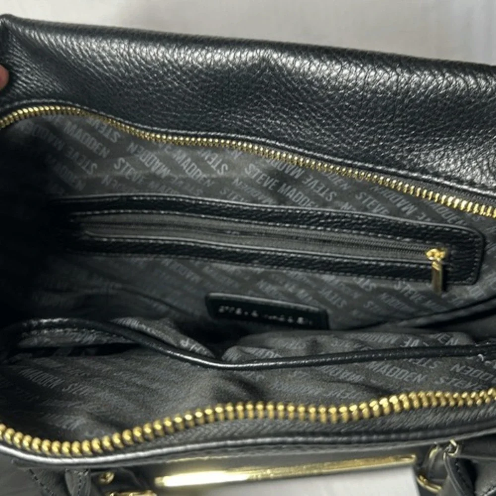 Steve Madden Black Pebbled Vegan Leather Satchel Bag Gold Hardware Top Handle